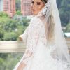 Vestido de novia manga tres cuartos, estilo princesa, falda en brillitos SA20803_B - Imagen 2