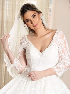 Vestido de novia manga tres cuartos, estilo princesa, falda en brillitos SA20803_B