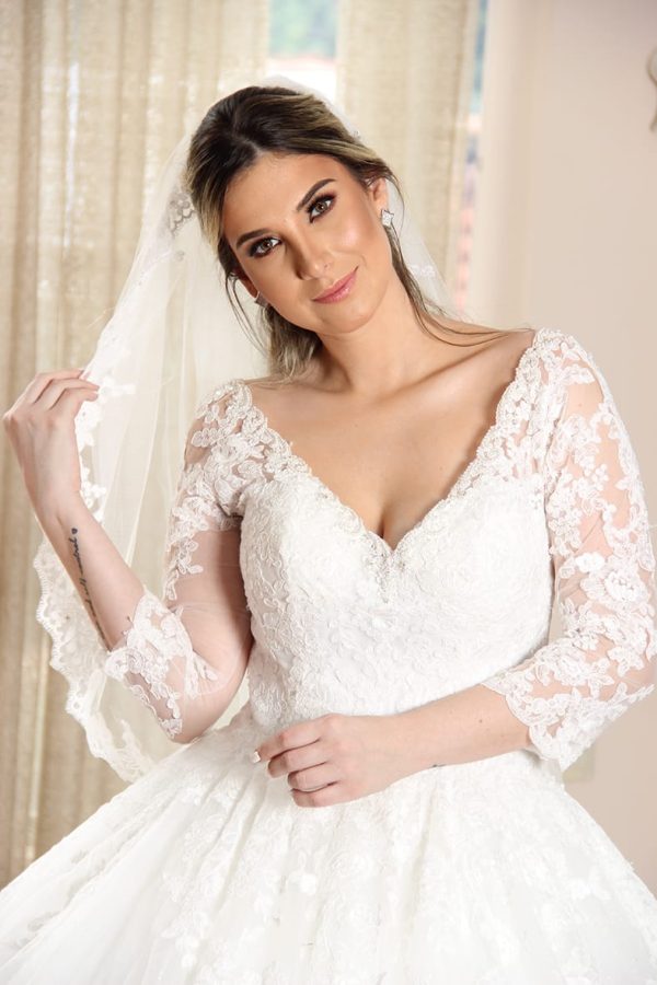 Vestido de novia manga tres cuartos, estilo princesa, falda en brillitos SA20803_B