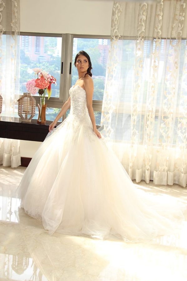 Vestido de novia champaña, escote corazón brillos en blusa SA28805-B