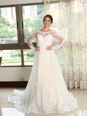 Vestido de novia sirena,manga larga con cola adaptable DQ009.