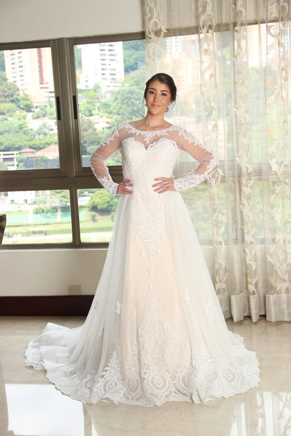 Vestido de novia sirena,manga larga con cola adaptable DQ009.
