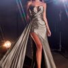 Vestido satinado escote en V sin tirantes CDS441 - Imagen 7